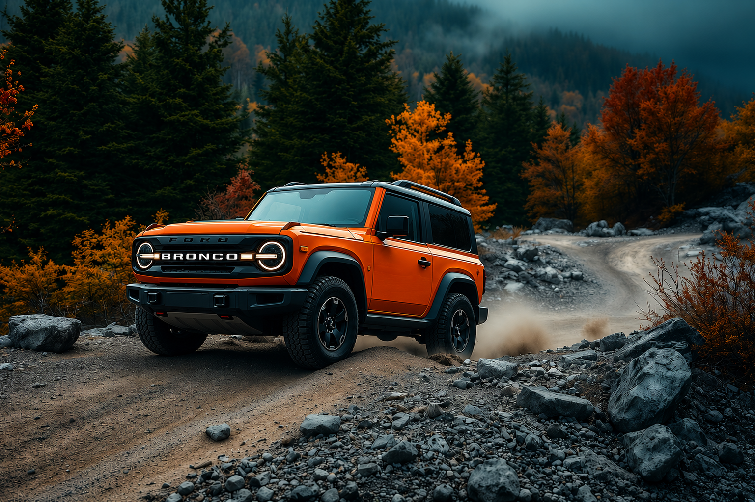 Bronco climbing a Maine mountain trail