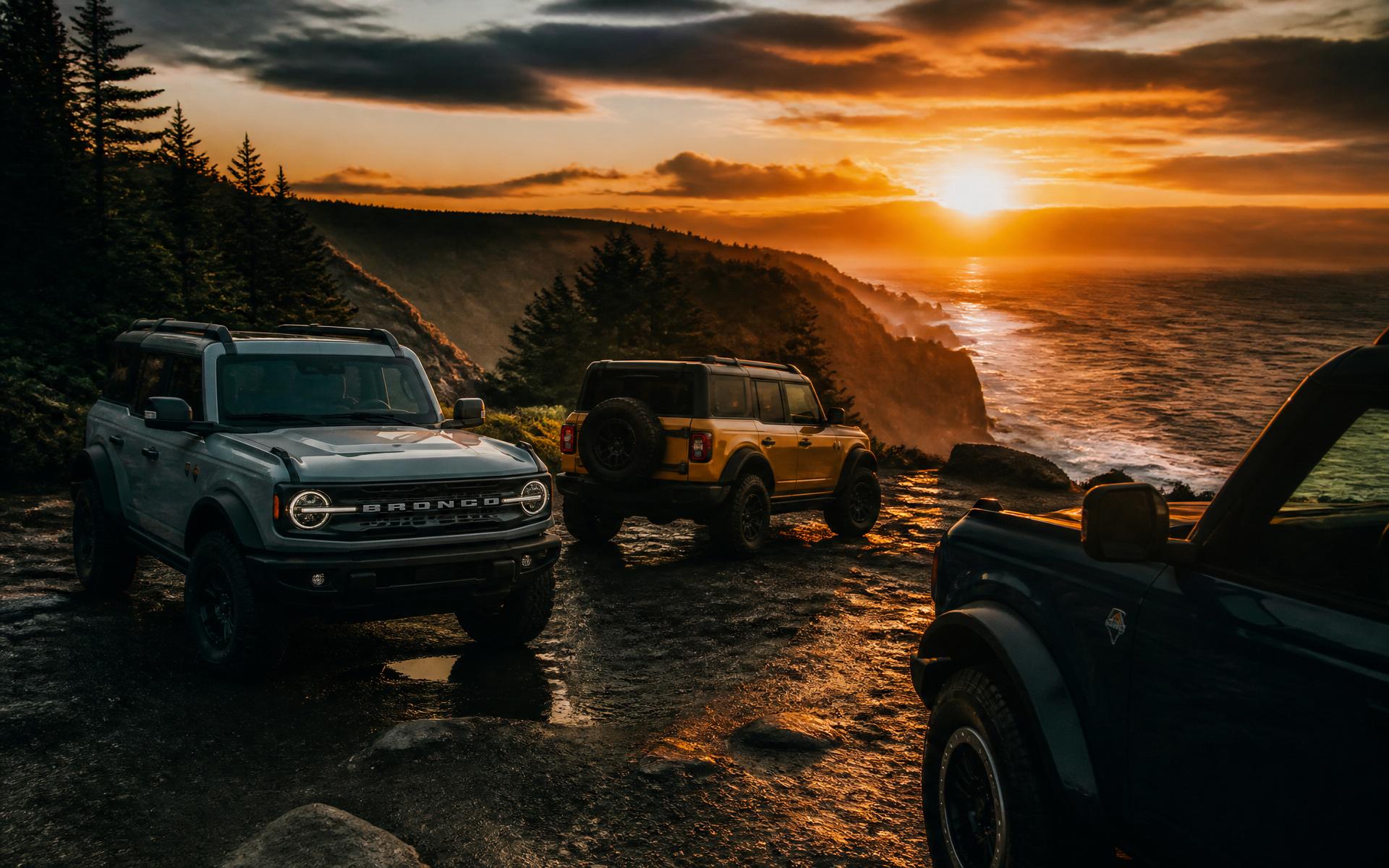 Ford Broncos overlooking the Maine coast at sunset